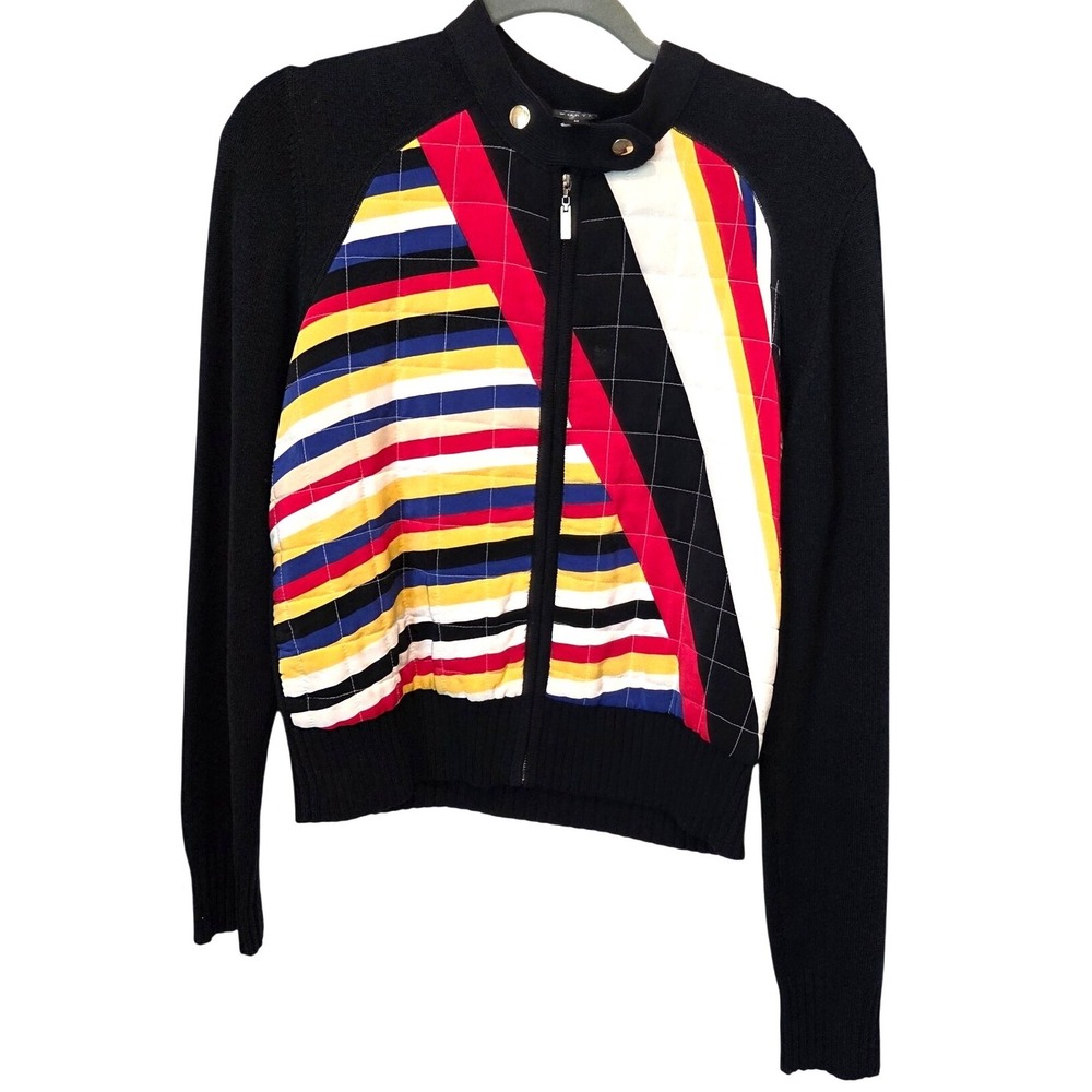 WORTH‎ Silk Quilted Knit Jacket Zip Up Striped Cardigan Sweater Medium Modern